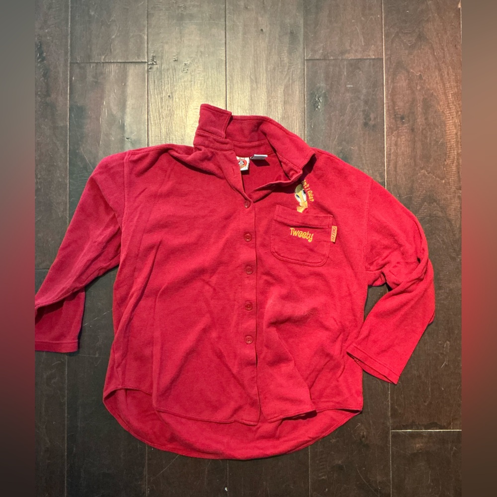Vintage 90s Y2K Looney Tunes Tweety Bird Embroidered Red Cardigan Top
